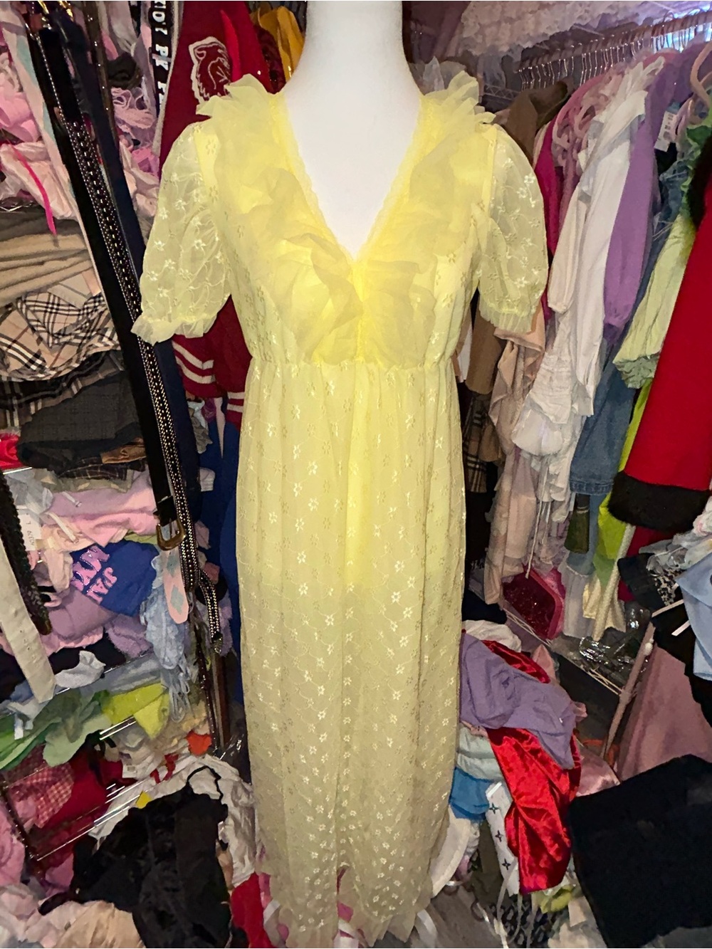 Vintage Yellow Ruffled V-Neck Maxi Dress